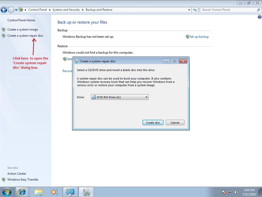 How do you create a system repair disc for Windows 7?