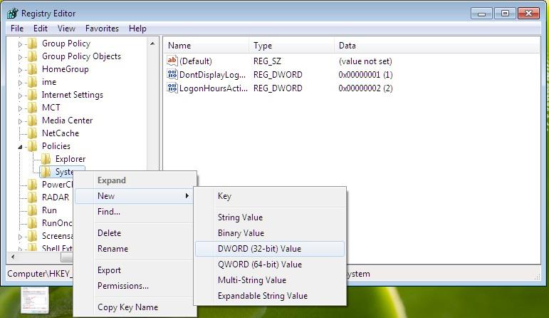 Screen shot of creating a new 32-bit DWORD value in Windows 7 Registry