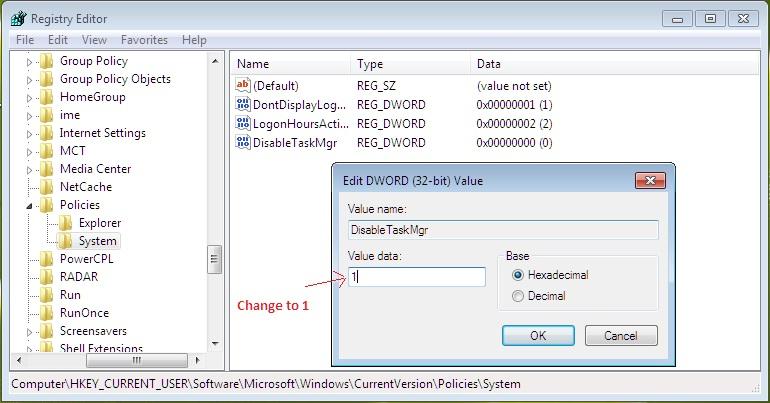 Screen shot of changing the DWORD value in Windows 7 Registry