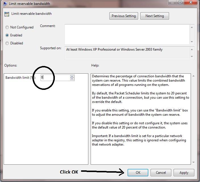 Limit the reserve bandwidth in the windows 7