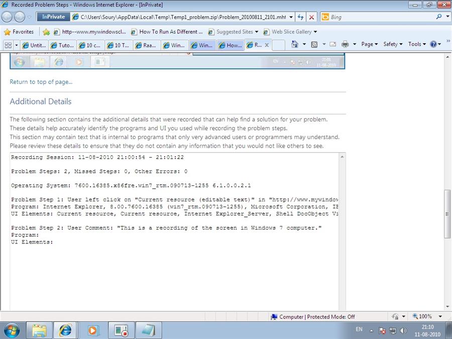 Screen shot of recording done by Problem Steps Recorder in Windows 7