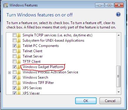 Screen shot of disabling Windows gadgets in Windows 7