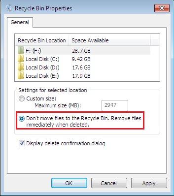 Screen shot of Recycle Bin properties in Windows 7