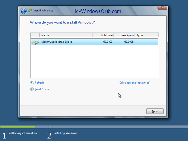 Choose location to install Windows 8