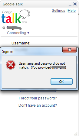 Google Talk login problems: Username and password do not match