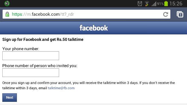 Facebook offers Rs 50 talktime free on signing new account from mobile