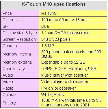 K-TOUCH M10 SPECIFICATIONS TABLE