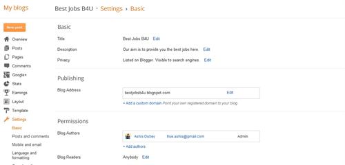 Settings page of blogger blog